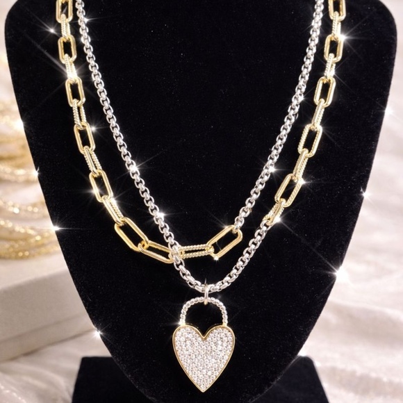 Heart & Lock Sterling Fancy Double Link Chain Necklace W  14k and silver double link and rope necklace with pave heart locket